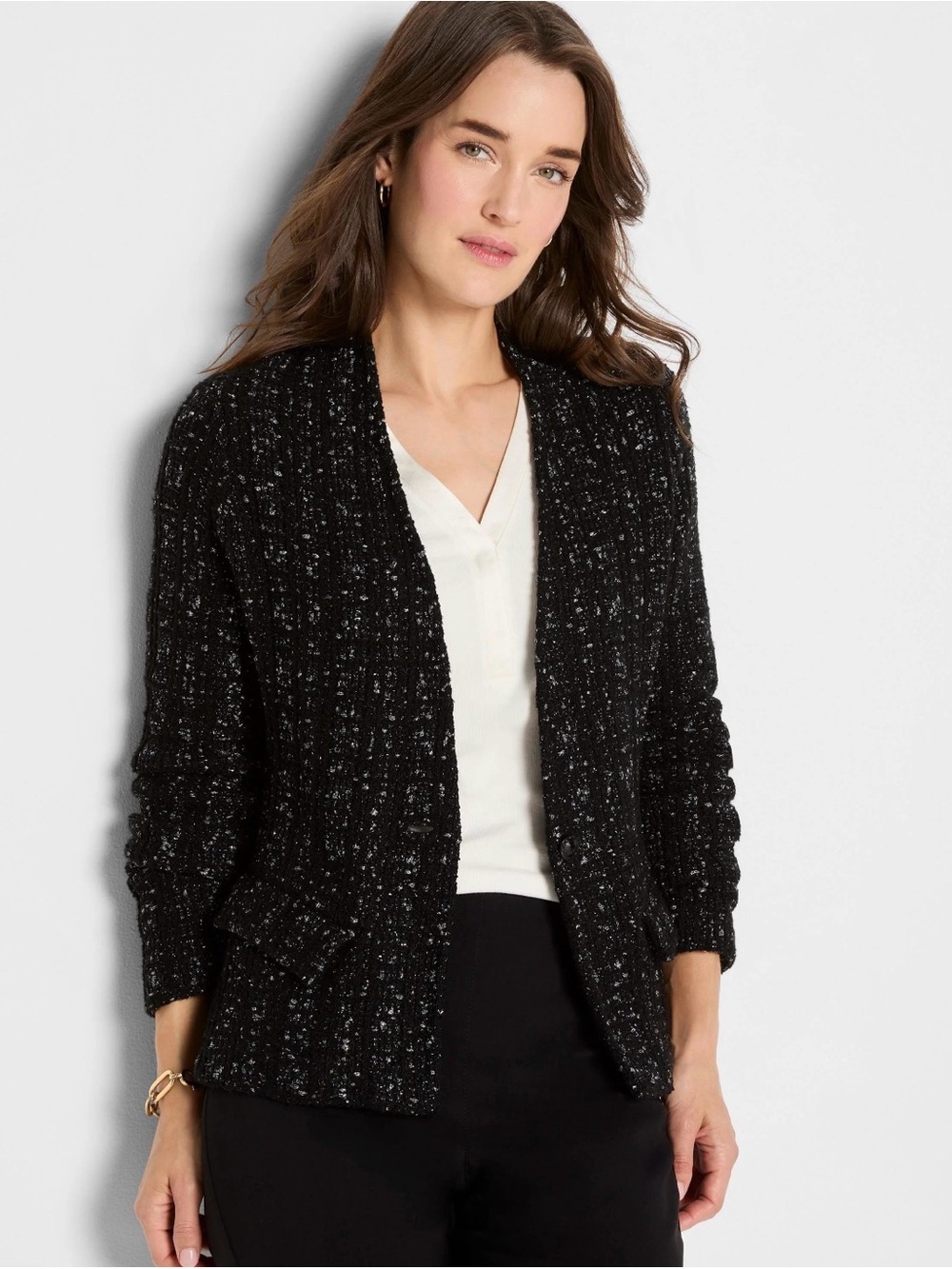 NWOT NIC+ZOE Metallic Grid Knit Jacket Black Mix Size Medium